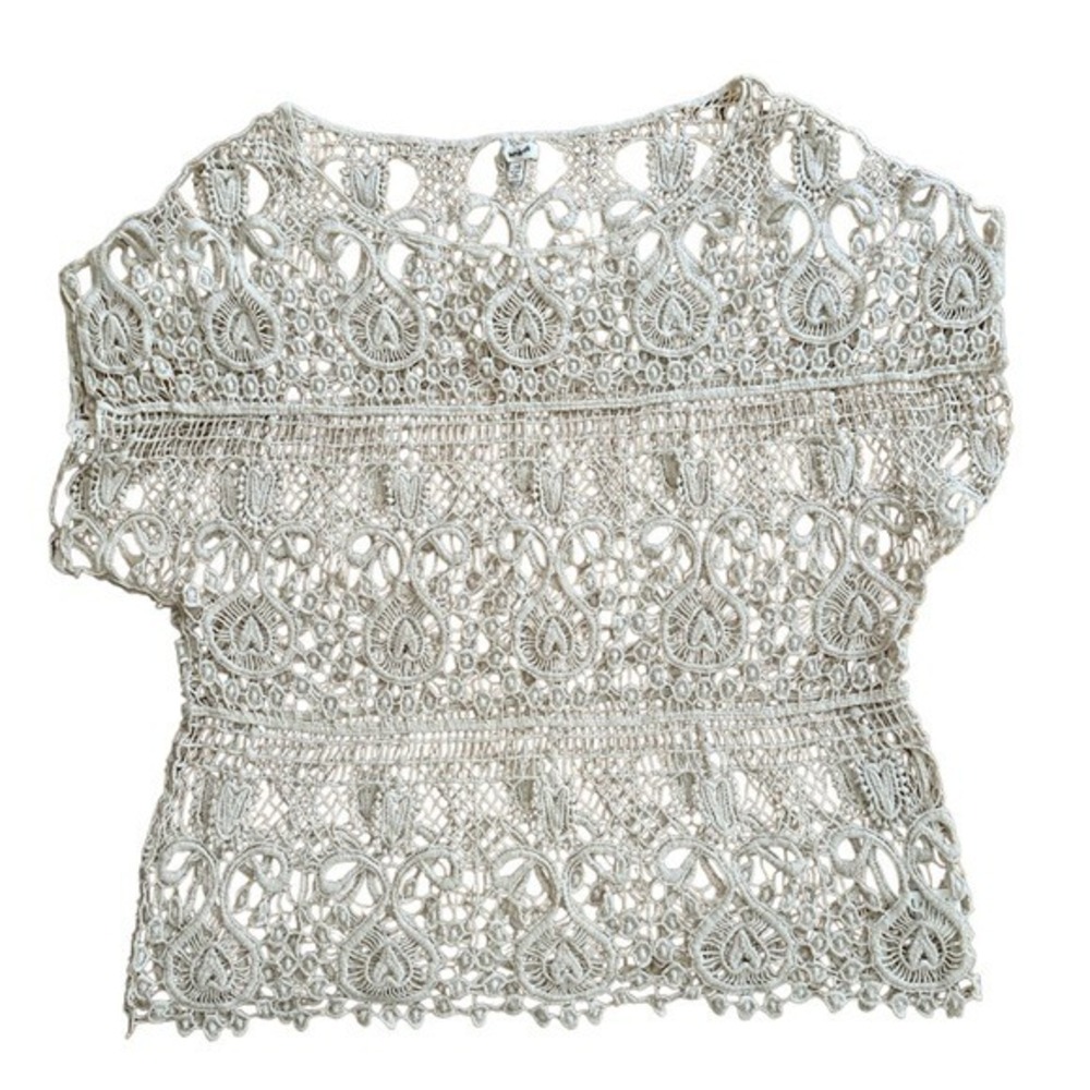 Teenbell Cream Crochet Lace Boho Top Short Sleeve One Size Ivory Swimsuit Cover